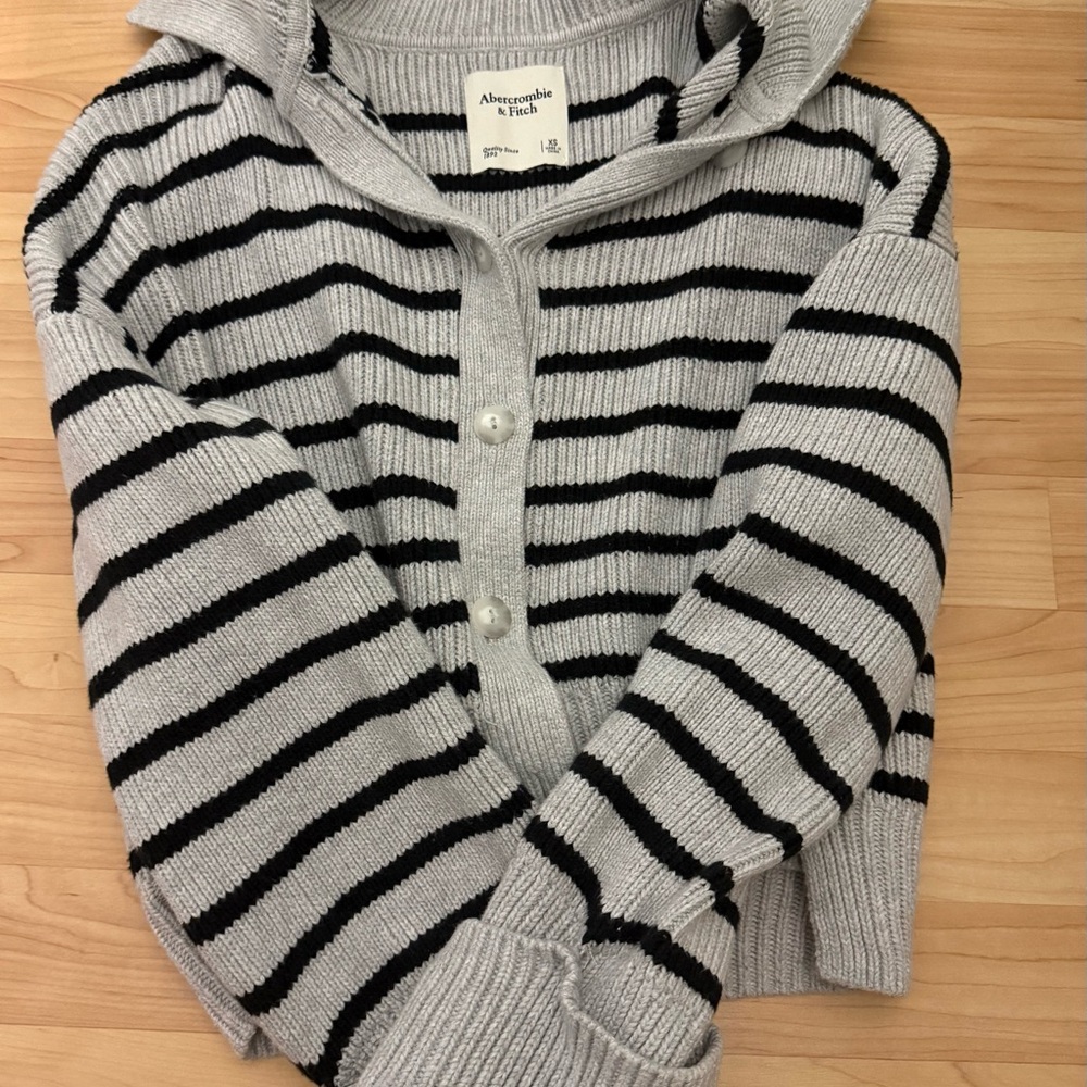 Abercrombie & Fitch Gray and Black Striped Hooded Button Cardigan Sweater